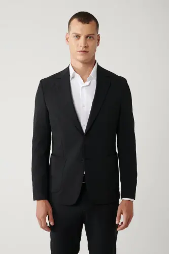Erkek Siyah Astarsız Su İtici Bi-Stretch Lightweight Comfort Slim Fit Ceket A41Y4030 - Siyah - 3