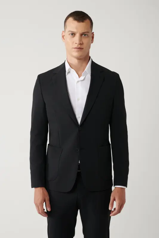Erkek Siyah Astarsız Su İtici Bi-Stretch Lightweight Comfort Slim Fit Ceket A41Y4030 - Siyah - 3