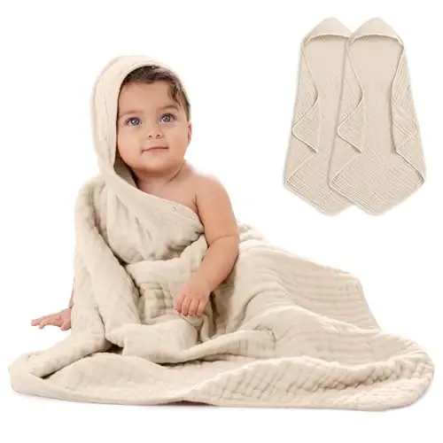 Comfy Cubs Hooded Baby Towel 2-Pack, Large 32 x 32 Inch - 6 Layer 100% Muslin Cotton for Babies, Toddlers and Kids - Soft & Absorbent Baby Bath Towels - Unisex Design for Bath Time - Sand 