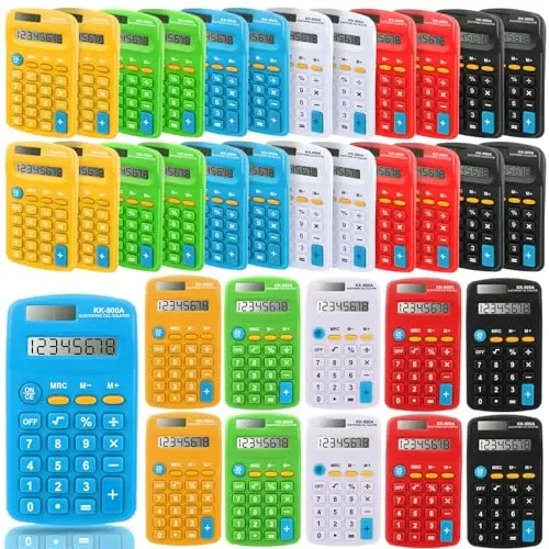 RAIHOMKIT 30 ta paket cho‘ntak kalkulyator, Mini kalkulyator cho‘ntak o‘lchami, 8 xonali displeyli oddiy kalkulyator, Batareya quvvatli mini kalkulyatorlar, Talabalar, bolalar, uy ofisi uchun 4 funksiyali kalkulyator, 6 rang - 1