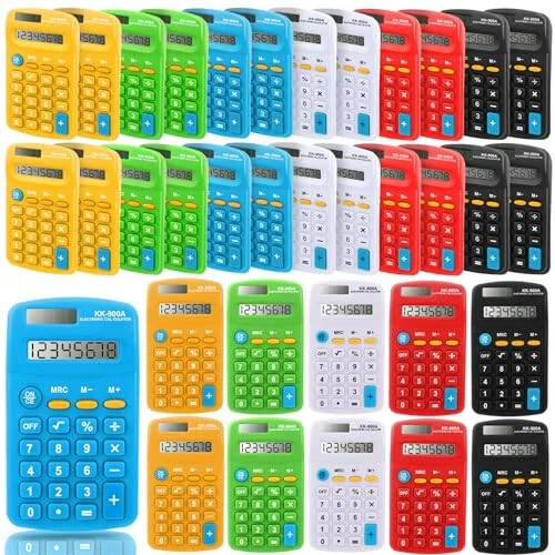 RAIHOMKIT 30 ta paket cho‘ntak kalkulyator, Mini kalkulyator cho‘ntak o‘lchami, 8 xonali displeyli oddiy kalkulyator, Batareya quvvatli mini kalkulyatorlar, Talabalar, bolalar, uy ofisi uchun 4 funksiyali kalkulyator, 6 rang - RAIHOMKIT