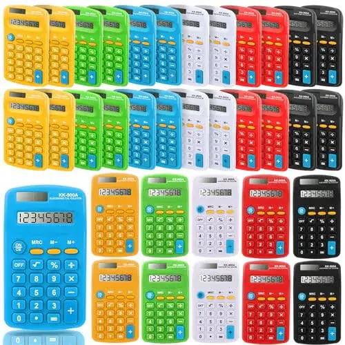 RAIHOMKIT 30 ta paket cho‘ntak kalkulyator, Mini kalkulyator cho‘ntak o‘lchami, 8 xonali displeyli oddiy kalkulyator, Batareya quvvatli mini kalkulyatorlar, Talabalar, bolalar, uy ofisi uchun 4 funksiyali kalkulyator, 6 rang - 1