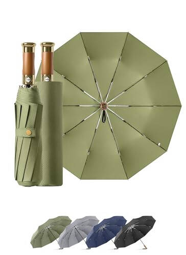 Rain Cats Large 46/50 Inch Umbrellas for rain 10 Ribs Fiberglass Umbrella Windproof big Compact Automatic portable Folding Travel Thick Fabric Wood handle... - 1