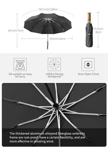 Rain Cats Large 46/50 Inch Umbrellas for rain 10 Ribs Fiberglass Umbrella Windproof big Compact Automatic portable Folding Travel Thick Fabric Wood handle... - 7