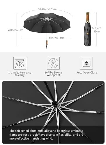 Rain Cats Large 46/50 Inch Umbrellas for rain 10 Ribs Fiberglass Umbrella Windproof big Compact Automatic portable Folding Travel Thick Fabric Wood handle… (Navy-45 Inch) - 7