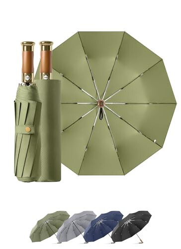 Rain Cats Large 46/50 Inch Umbrellas for rain 10 Ribs Fiberglass Umbrella Windproof big Compact Automatic portable Folding Travel Thick Fabric Wood handle… (Olive-45 Inch) - 1