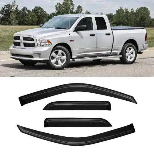 Rain Guards for 2009-2018 Dodge Ram 1500 Quad Cab/Extended Cab, Window Visor Shields Vent Deflector Shade Wind Dark Smoke for 19-24 Ram 1500 Classic Quad Cab, 4PCS, Out-Channel 