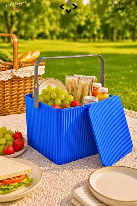Rainbow Kare Kapakli Kulplu Piknik Savati Tartibga Soluvchi 1 Adet Kare Kova Piknik Sumkasi Savat-Moviy - LİGROUND