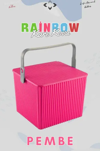 Rainbow Kare Kapaklı Kulplu Temizlik Kovası Düzenleyici 1 Adet Kare Kova Piknik Çantası Sepet - Pembe - 6