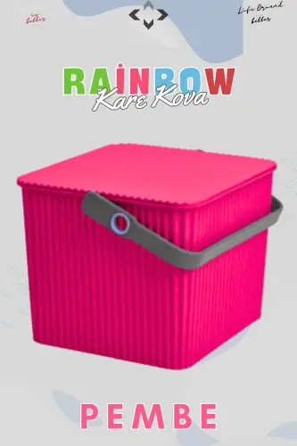 Rainbow Kare Kapaklı Kulplu Temizlik Kovası Düzenleyici 1 Adet Kare Kova Piknik Çantası Sepet - Pembe - 7