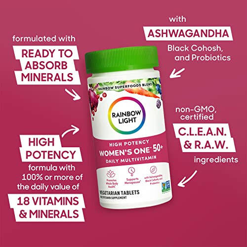 Rainbow Light Ayollar uchun 50+ Multivitamin, C, D va Sink, Probiotiklar, Ayollar uchun One 50+ Multivitamin yuqori kuchli immunitetni qo'llab-quvvatlashni ta'minlaydi, GMOsiz, Vegeterian, 60 ta tabletka - 9