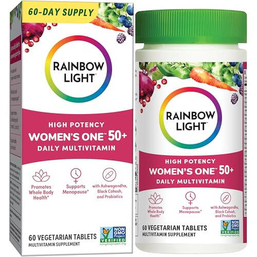 Rainbow Light Ayollar uchun 50+ Multivitamin, C, D va Sink, Probiotiklar, Ayollar uchun One 50+ Multivitamin yuqori kuchli immunitetni qo'llab-quvvatlashni ta'minlaydi, GMOsiz, Vegeterian, 60 ta tabletka - 1