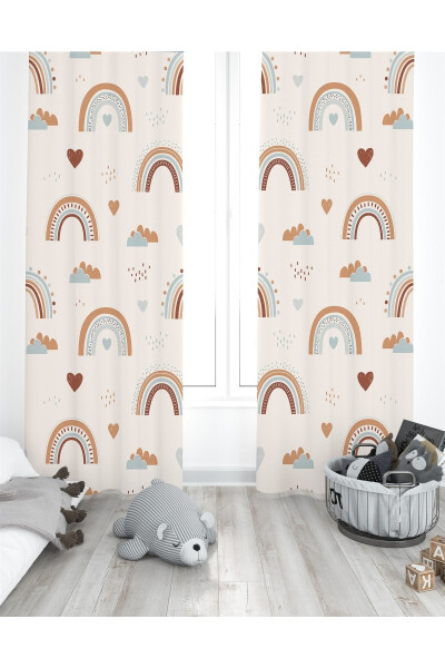 Rainbow Patterned Children's Room Curtain with Cream Hearts (Single Panel Pricing) - 1