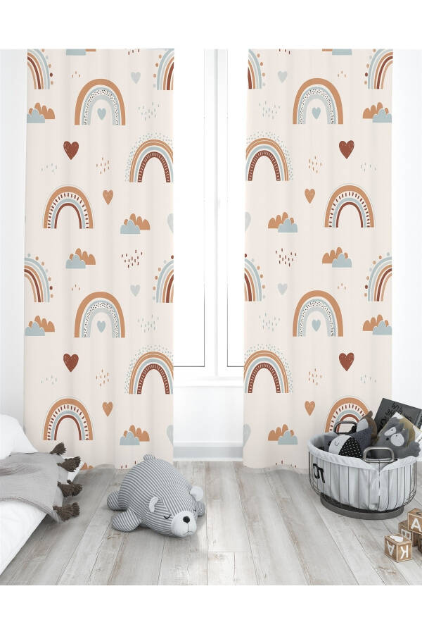 Rainbow Patterned Children's Room Curtain with Cream Hearts (Single Panel Pricing) - 1