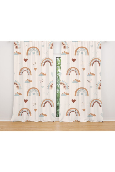 Rainbow Patterned Children's Room Curtain with Cream Hearts (Single Panel Pricing) - 2