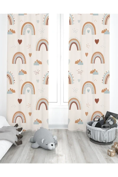 Rainbow Patterned Children's Room Curtain with Cream Hearts (Single Panel Pricing) - Modazone