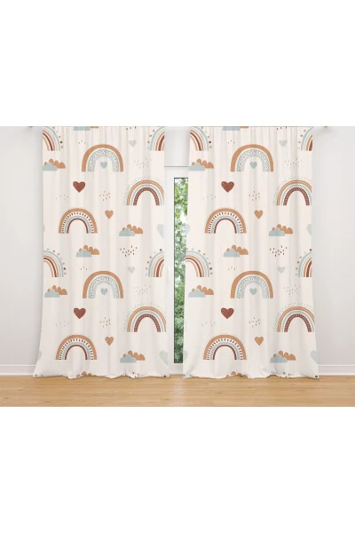 Rainbow Patterned Children's Room Curtain with Cream Hearts (Single Panel Pricing) - Modazone (1)
