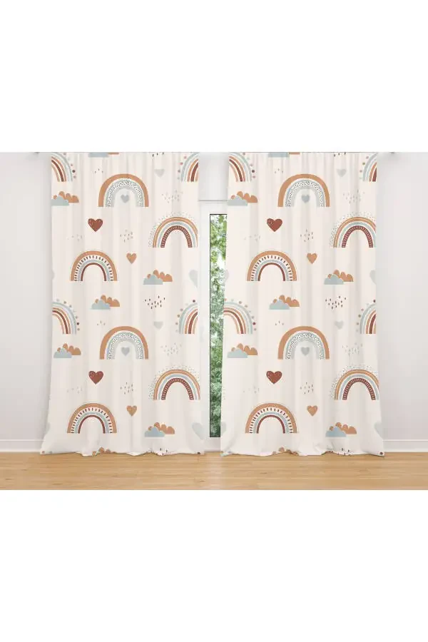 Rainbow Patterned Children's Room Curtain with Cream Hearts (Single Panel Pricing) - 2