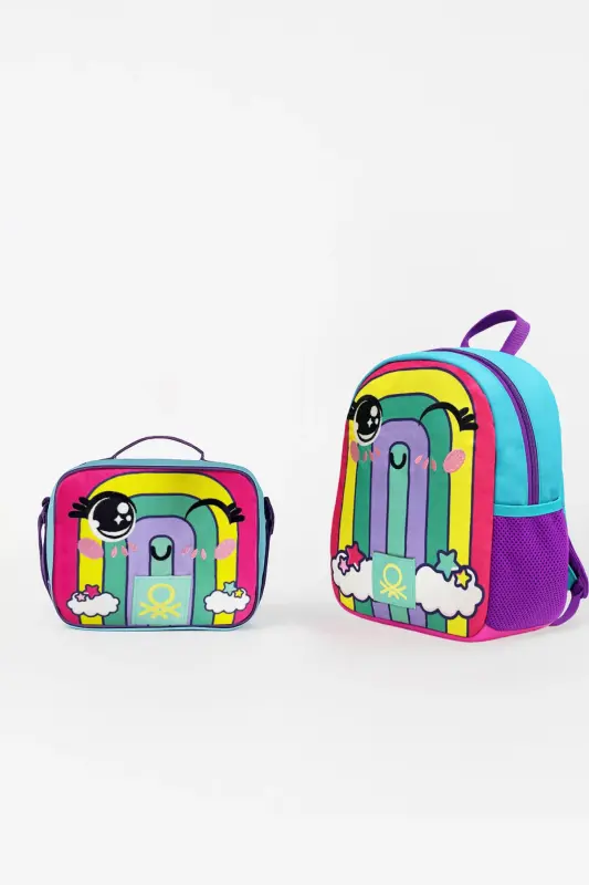 Rainbow Patterned Kindergarten Bag Set (Kindergarten Bag, Lunch Box)-Pink - 1