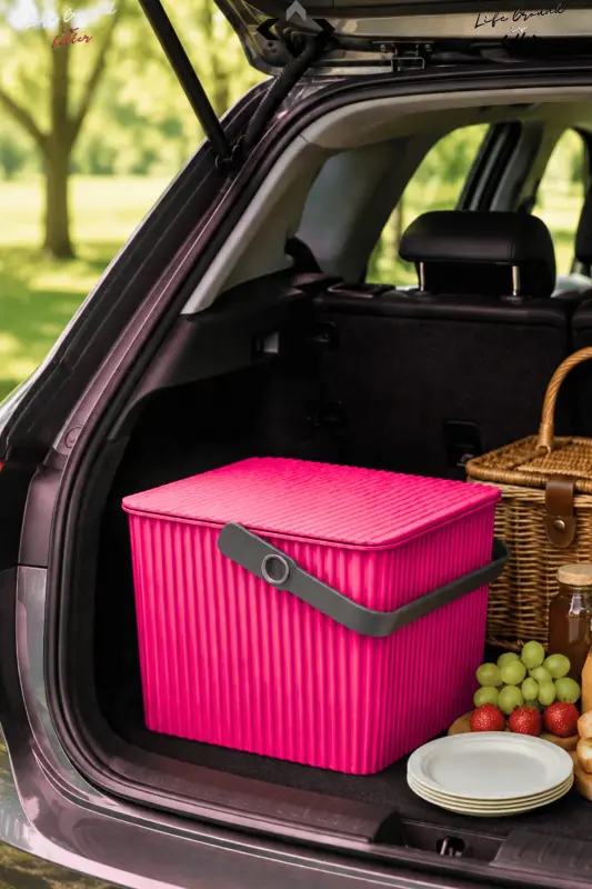 Rainbow Square Cover Handle Cleaning Bucket Organizer 1 Piece Square Bucket Picnic Bag Basket-Pink - 4