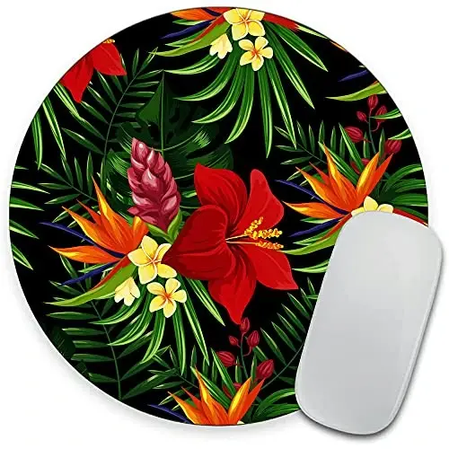 Rainforest Seamless Pattern Tropical Leaves, Tropical Jungle Plants and Exotic Flowers Round Mousepad, Personalized Custom Design Mouse Pads，Mousepad for Laptop Computers(plant1) - 1
