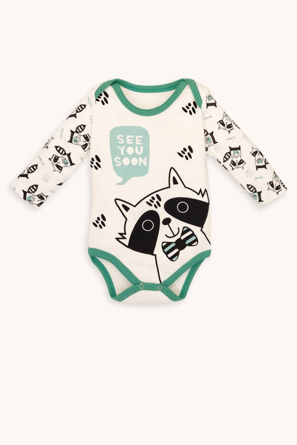 Rakun Baskılı Uzun Kollu Alttan Çıtçıtlı Body Pantolon Ve Şapka 3'lü Takım-Yeşil - 2