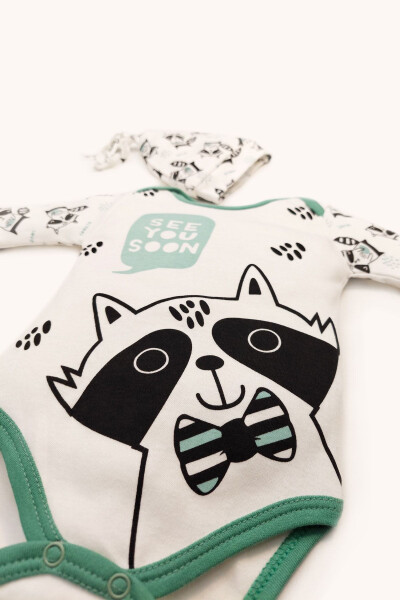 Rakun Baskılı Uzun Kollu Alttan Çıtçıtlı Body Pantolon Ve Şapka 3'lü Takım-Yeşil - 4