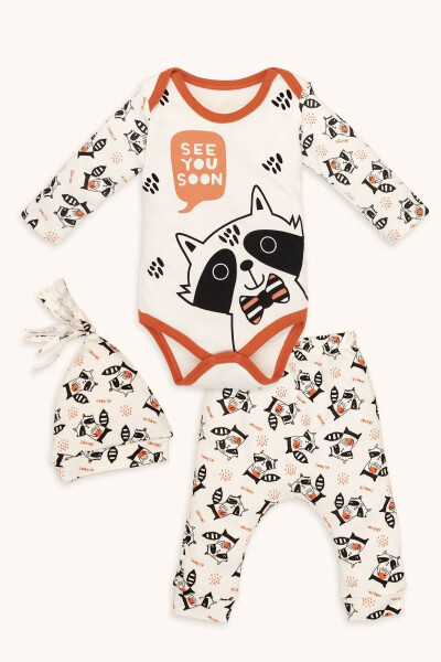 Rakun Baskılı Uzun Kollu Alttan Çıtçıtlı Body Pantolon Ve Şapka 3'lü Takım-Turuncu - 1