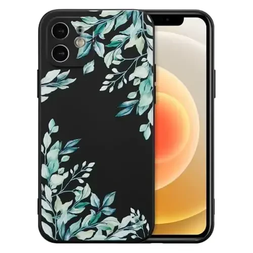 RALEAVO Case for iPhone 12,Liquid Silicone Cover with Cute Leaves Pattern Floral Phone Cover for Girls Women Slim Soft Rubber Protective Phone Case for iPhone 12 (6.1