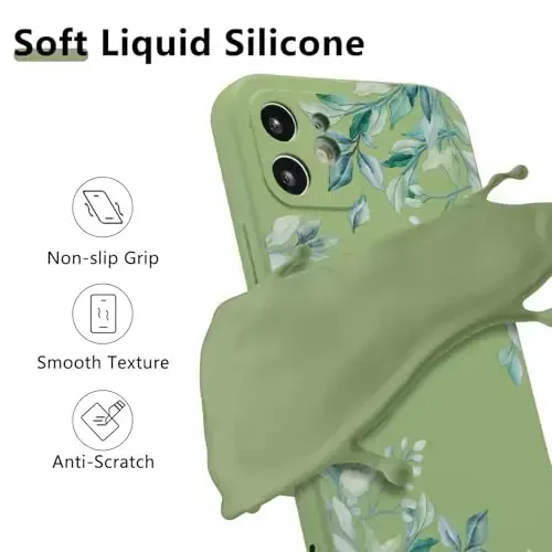 RALEAVO Case for iPhone 12,Liquid Silicone Cover with Cute Leaves Pattern Floral Phone Cover for Girls Women Slim Soft Rubber Protective Phone Case for iPhone 12 (6.1