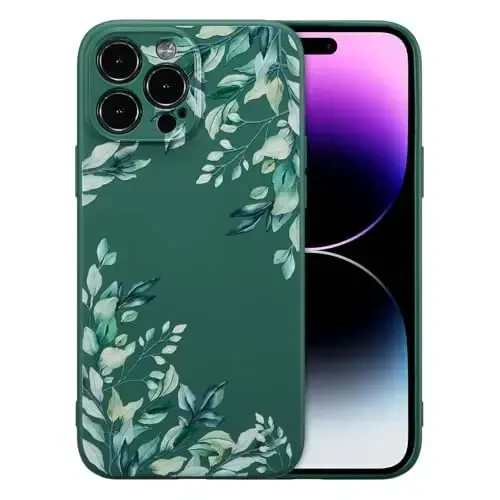 RALEAVO Case for iPhone 14 Pro Max,Liquid Silicone Cover with Cute Leaves Pattern Floral Phone Cover for Girls Women Slim Soft Rubber Protective Phone Case for iPhone 14 Pro Max (6.7
