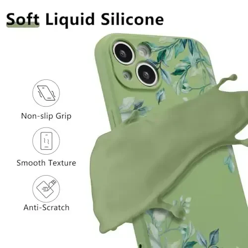 RALEAVO Case for iPhone 15,Liquid Silicone Cover with Cute Leaves Pattern Floral Phone Cover for Girls Women Slim Soft Rubber Protective Phone Case for iPhone 15 (6.1