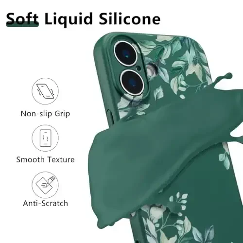 RALEAVO Case for iPhone 16,Liquid Silicone Cover with Cute Leaves Pattern Floral Phone Cover for Girls Women Slim Soft Rubber Protective Phone Case for iPhone 16 (6.1