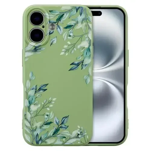 RALEAVO Чехол для iPhone 16, жидкий силиконовый чехол с милым цветочным узором из листьев, тонкий мягкий резиновый защитный чехол для iPhone 16 (6,1