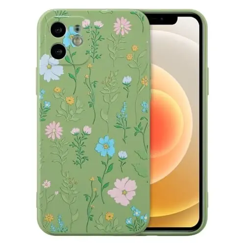 RALEAVO Floral Case for iPhone 12 Silicone Cute Cover for Women,Green | Cute Flowers Cosmos Pattern for Girls Women,Soft Liquid Silicone Cover,Slim Protective Phone Case for iPhone 12 6.1