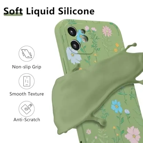 RALEAVO Floral Case for iPhone 12 Silicone Cute Cover for Women,Green | Cute Flowers Cosmos Pattern for Girls Women,Soft Liquid Silicone Cover,Slim Protective Phone Case for iPhone 12 6.1