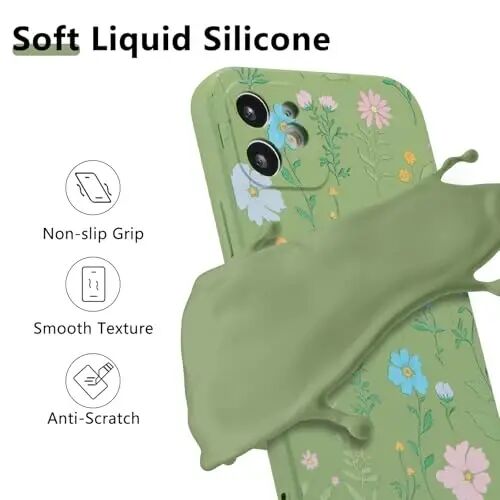 RALEAVO Floral Case for iPhone 12 Silicone Cute Cover for Women,Green | Cute Flowers Cosmos Pattern for Girls Women,Soft Liquid Silicone Cover,Slim Protective Phone Case for iPhone 12 6.1