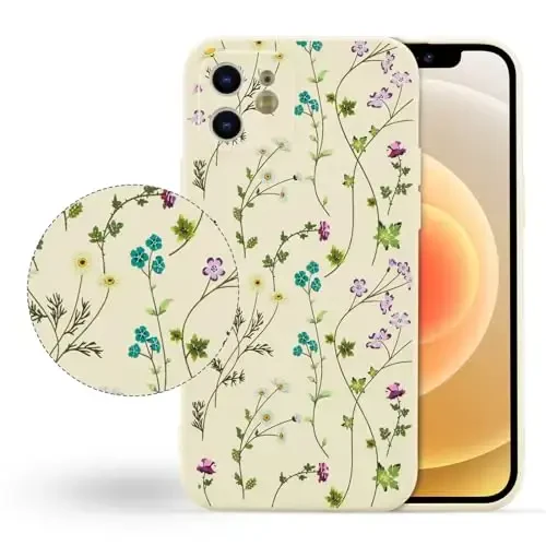 RALEAVO Floral Case for iPhone 12,Liquid Silicone Cover with Cute Flower Branch Pattern for Girls Women Slim Soft Rubber Protective Phone Case for iPhone 12 (6.1