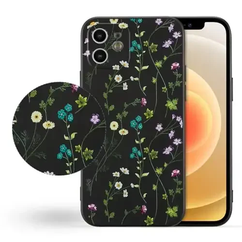 RALEAVO Floral Case for iPhone 12,Liquid Silicone Cover with Cute Flower Branch Pattern for Girls Women Slim Soft Rubber Protective Phone Case for iPhone 12 (6.1