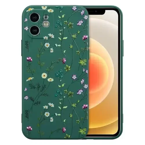 RALEAVO Floral Case for iPhone 12,Liquid Silicone Cover with Cute Flower Branch Pattern for Girls Women Slim Soft Rubber Protective Phone Case for iPhone 12 (6.1