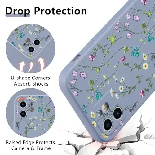 RALEAVO Floral Case for iPhone 12,Liquid Silicone Cover with Cute Flower Branch Pattern for Girls Women Slim Soft Rubber Protective Phone Case for iPhone 12 (6.1