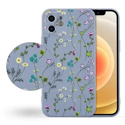 RALEAVO Floral Case for iPhone 12,Liquid Silicone Cover with Cute Flower Branch Pattern for Girls Women Slim Soft Rubber Protective Phone Case for iPhone 12 (6.1