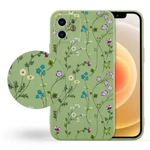 RALEAVO Floral Case for iPhone 12,Liquid Silicone Cover with Cute Flower Branch Pattern for Girls Women Slim Soft Rubber Protective Phone Case for iPhone 12 (6.1