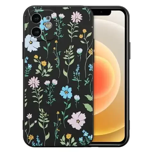 RALEAVO Floral Case for iPhone 12,Liquid Silicone Cover with Flower Cosmos Pattern Cute Phone Cover for Girls Women Slim Soft Rubber Protective Phone Case for iPhone 12 (6.1