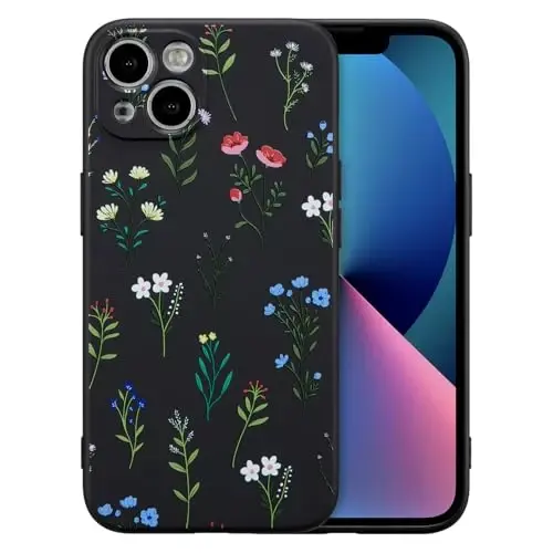 RALEAVO Floral Case for iPhone 13 Silicone Cute Cover for Women,Black | Cute Flowers Daisies Pattern for Girls Women,Soft Liquid Silicone Cover,Slim Protective Phone Case for iPhone 13 6.1