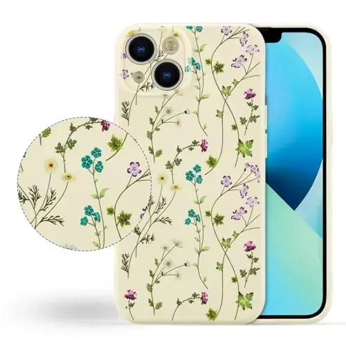 RALEAVO Floral Case for iPhone 13,Liquid Silicone Cover with Cute Flower Branch Pattern for Girls Women Slim Soft Rubber Protective Phone Case for iPhone 13 6.1