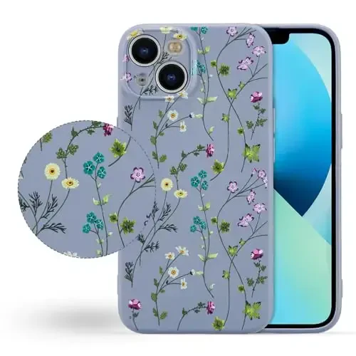 RALEAVO Floral Case for iPhone 13,Liquid Silicone Cover with Cute Flower Branch Pattern for Girls Women Slim Soft Rubber Protective Phone Case for iPhone 13 6.1
