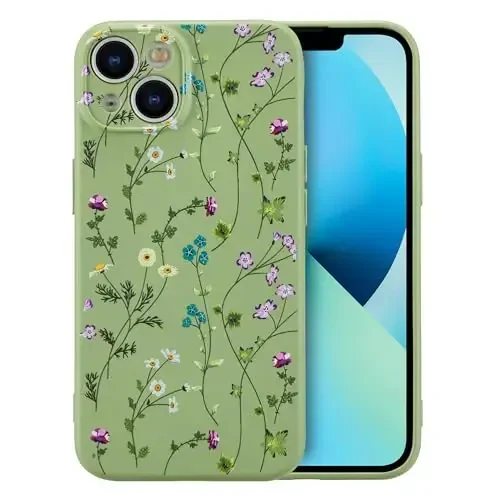 RALEAVO Floral Case for iPhone 13,Liquid Silicone Cover with Cute Flower Branch Pattern for Girls Women Slim Soft Rubber Protective Phone Case for iPhone 13 6.1