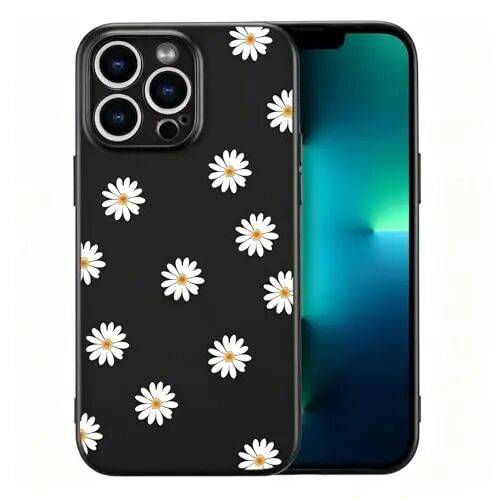 RALEAVO Floral Case for iPhone 14 Pro Max Silicone Cute Girly Cover,Black | Cute Minimalist Daisies Flowers for Girls Women,Soft Liquid Silicone Cover,Slim Protective Case for iPhone 14 Pro Max 6.7
