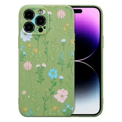 RALEAVO Floral Case for iPhone 14 Pro Max,Liquid Silicone Cover with Flower Cosmos Pattern Cute Phone Cover for Girls Women Slim Soft Rubber Protective Phone Case for iPhone 14 Pro Max (6.7
